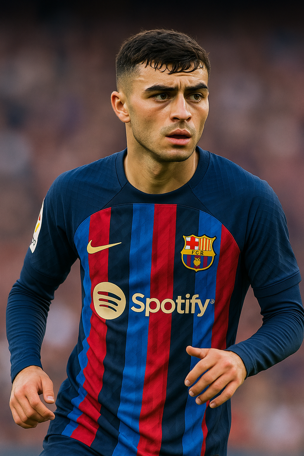 「FCバルセロナ所属ペドリが試合中に集中した表情でプレーする姿。Spotifyがスポンサーの青とエンジのストライプユニフォームを着用し、ラ・リーガの緊迫した試合展開を象徴するシーン。