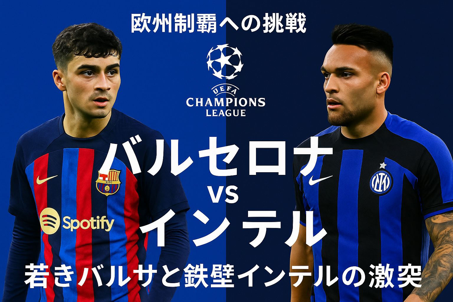 UEFAチャンピオンズリーグのバルセロナ対インテル戦を象徴するビジュアル。両クラブのロゴ、試合日程、スタジアムの背景がデジタル風にデザインされている。