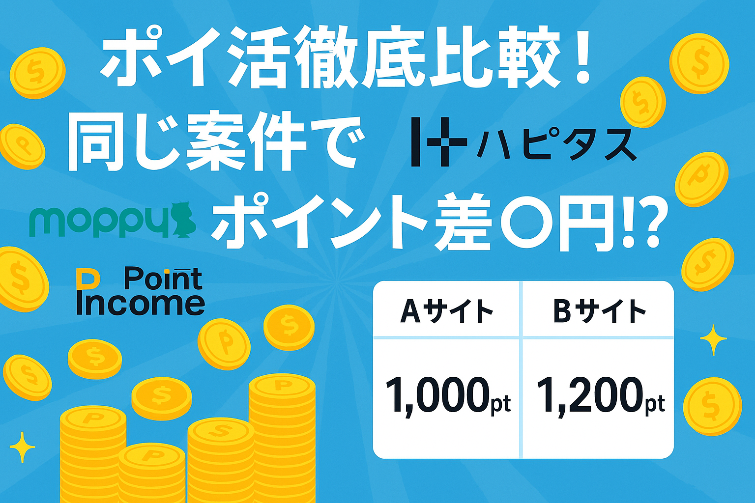 青い背景に金色のコインが舞う中、「ポイ活徹底比較！同じ案件でポイント差〇円!?」という大きな白文字のタイトルが表示されている。モッピー、ハピタス、ポイントインカムのロゴが並び、下部には「Aサイト：1,000pt」「Bサイト：1,200pt」と比較表がある。