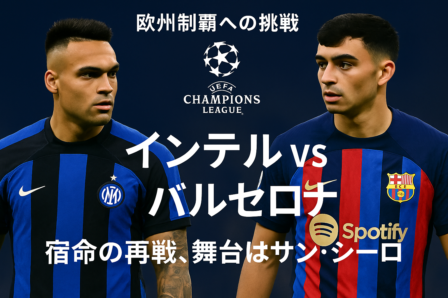 「UEFAチャンピオンズリーグ準決勝インテル対バルセロナの試合告知グラフィック。左にインテルの選手、右にバルセロナの選手が配置され、『宿命の再戦、舞台はサン・シーロ』のキャッチコピーが中央に表示されている画像