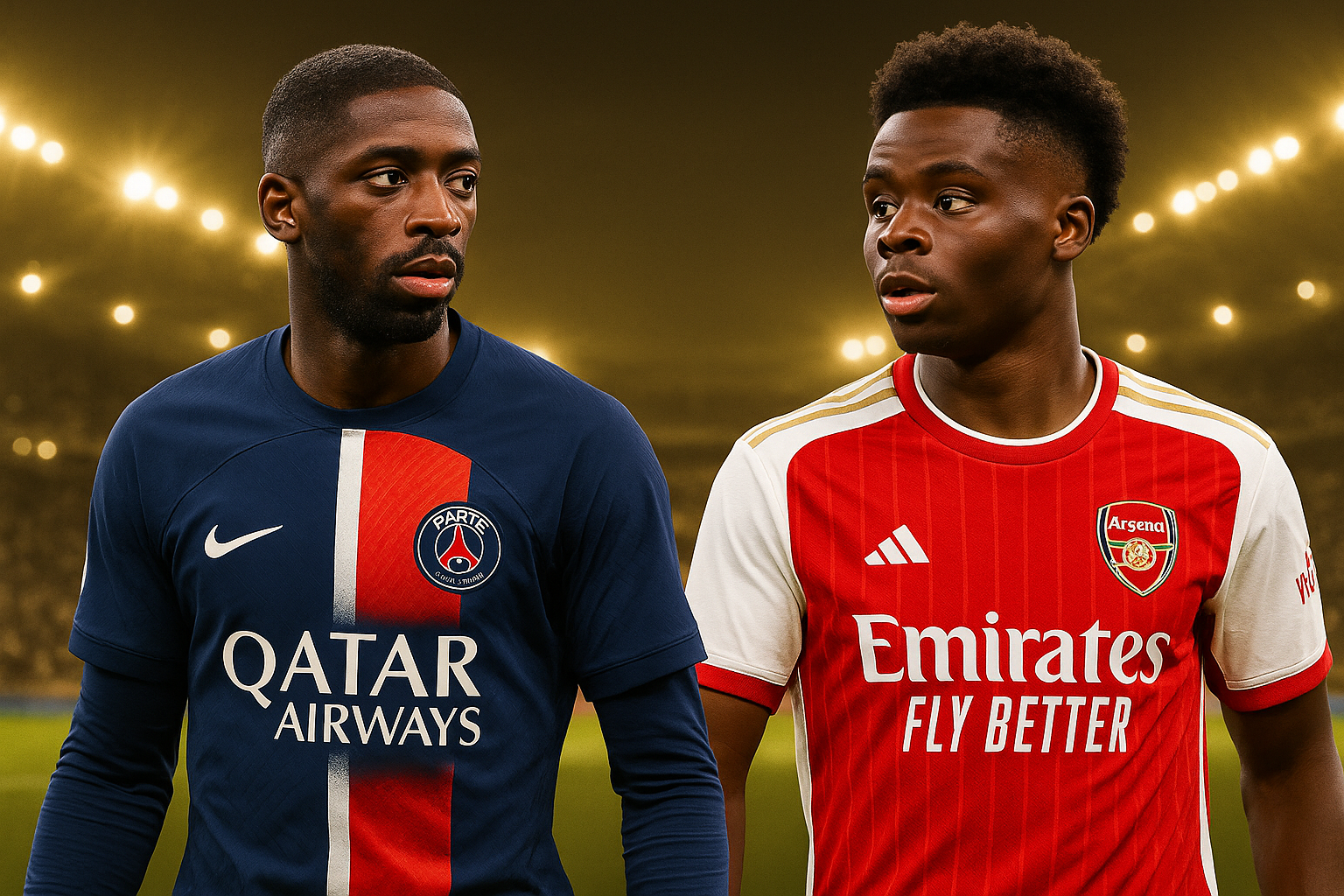 「UEFAチャンピオンズリーグ準決勝第2戦、PSG対アーセナルの試合を告知するプロモーション画像。左にPSGの選手、右にアーセナルの選手が配置され、パルク・デ・プランスでの運命の一戦を強調。