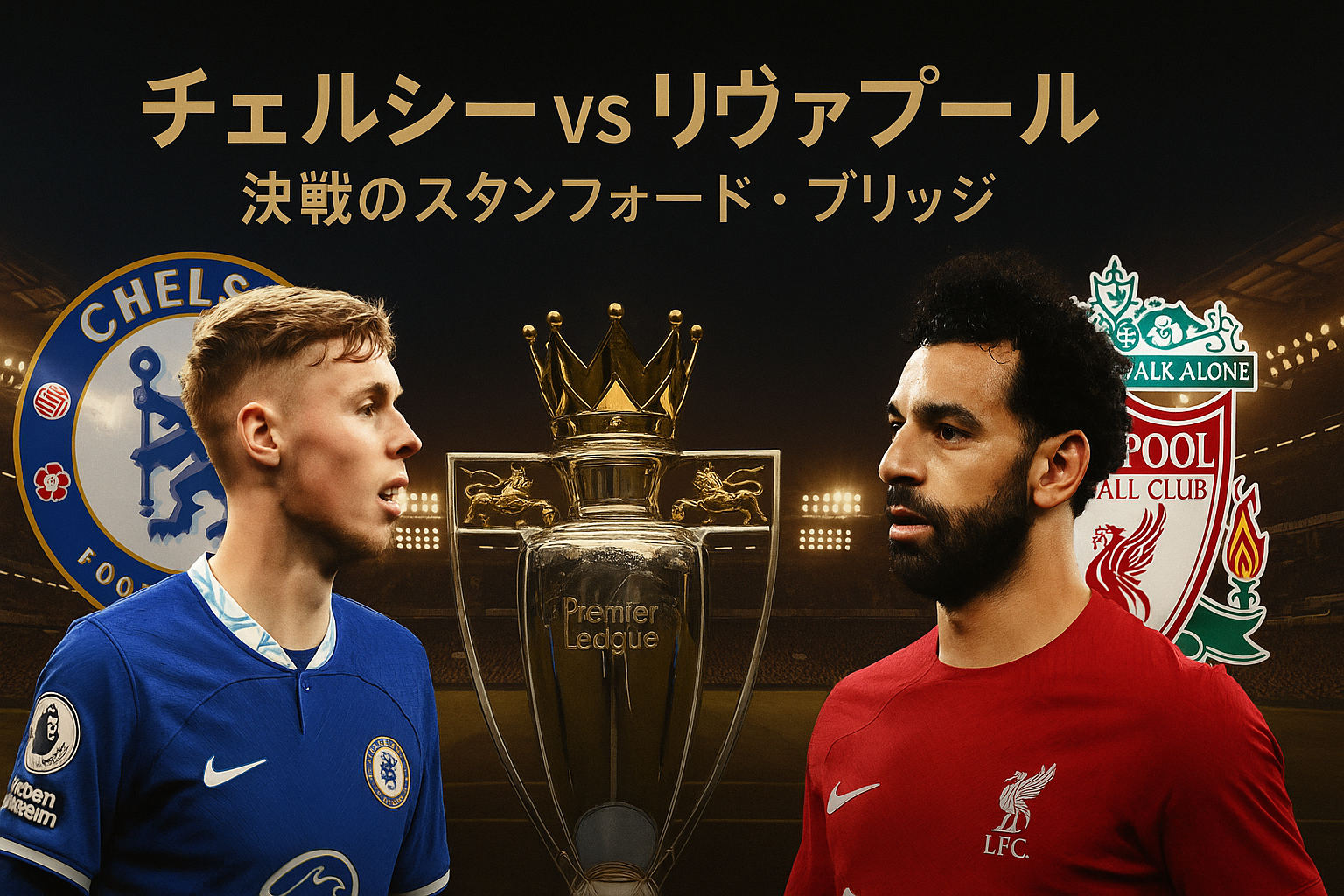 「プレミアリーグのスタンフォード・ブリッジでの決戦を前に、チェルシーのコール・パーマーとリヴァプールのモハメド・サラーが対峙。背景には両クラブのエンブレムとライトに照らされたスタジアム、中央にはプレミアリーグトロフィーが輝く。日本語で『チェルシー vs リヴァプール｜決戦のスタンフォード・ブリッジ』と記載。
