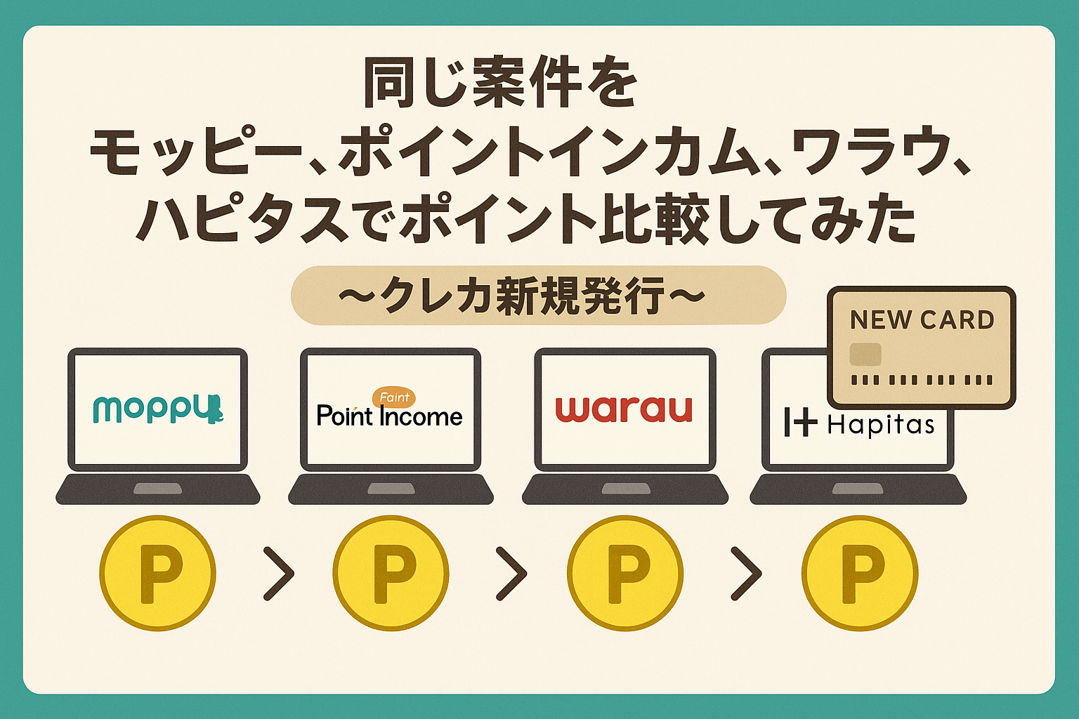 「同じ案件をモッピー、ポイントインカム、ワラウ、ハピタスでポイント比較してみた〜クレカ新規発行〜」というタイトルのバナー画像。