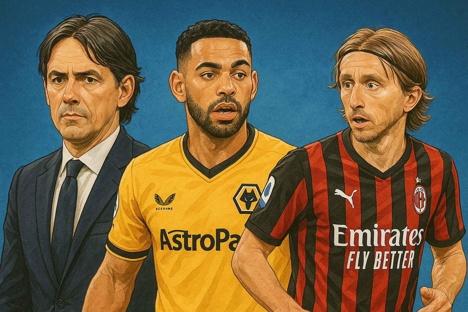 2025年夏の海外サッカー移籍市場を象徴するインザーギ監督、クーニャ（マンチェスター・ユナイテッド移籍）、モドリッチ（ACミラン移籍間近）のデジタルイラスト画像