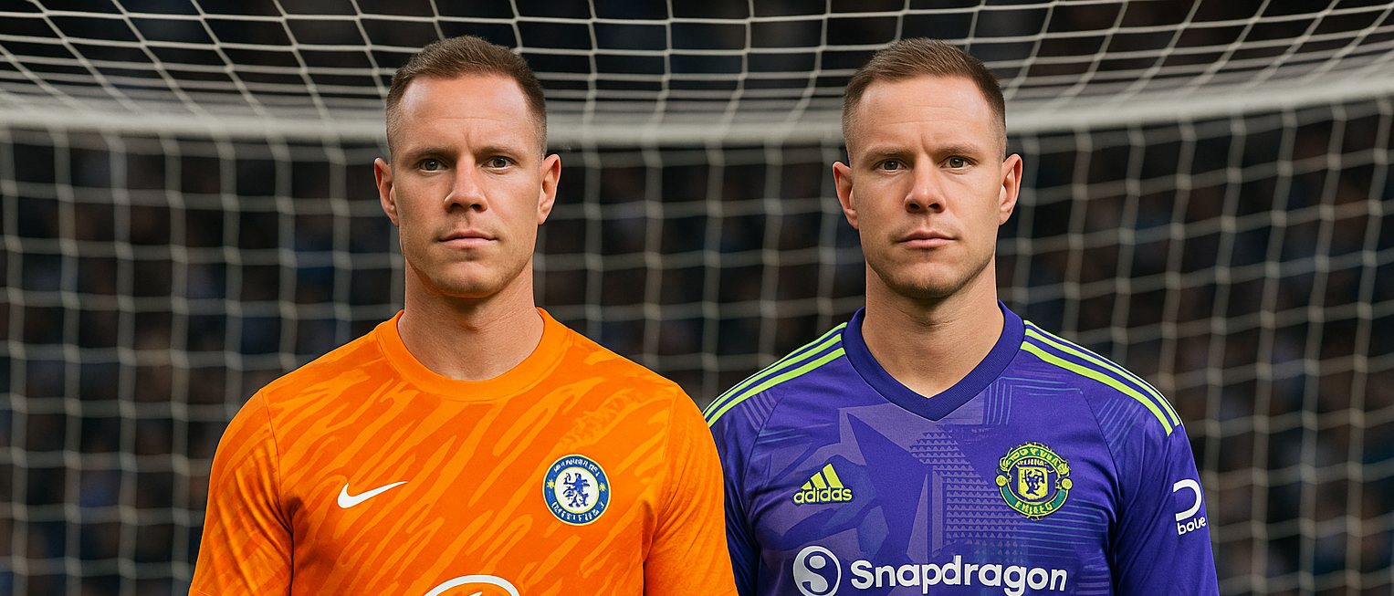 ゴール前のスタジアムを背景に、チェルシーとマンチェスター・ユナイテッドの2024-25シーズンGKユニフォームをそれぞれ着たマルク＝アンドレ・テア・シュテーゲンが並ぶ高解像度アイキャッチ画像。移籍の噂を象徴するビジュアル構成