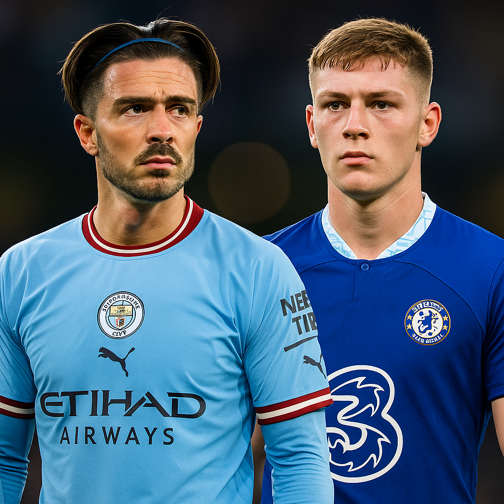 2025年夏の海外サッカー移籍市場を象徴するジャック・グリーリッシュとチェルシー新加入のリアム・デラップの高品質デジタルイラスト。プレミアリーグの移籍動向と注目選手の去就を視覚的に表現。