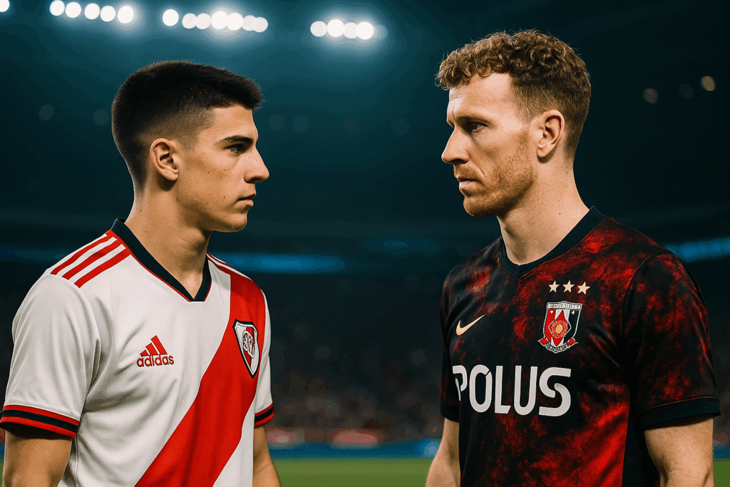 FIFAクラブワールドカップ2025・グループE初戦、リーベル・プレート対浦和レッズの注目対決。スタジアムの夜に照らされた両選手が試合前に対峙する決定的瞬間